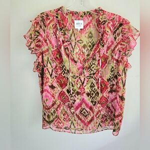 Misa Blouse Pink Green Ruffle Sleeve